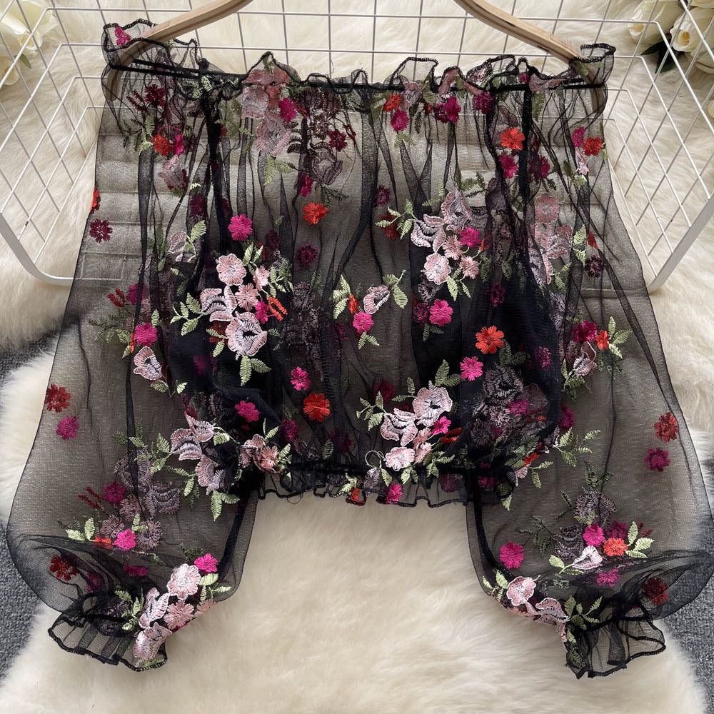 Off-Shoulder Mesh Embroidered See-Through Blouse