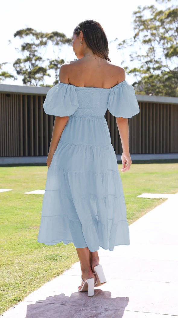 Spring Summer Off-Shoulder Floral Print Puff Sleeve Dress