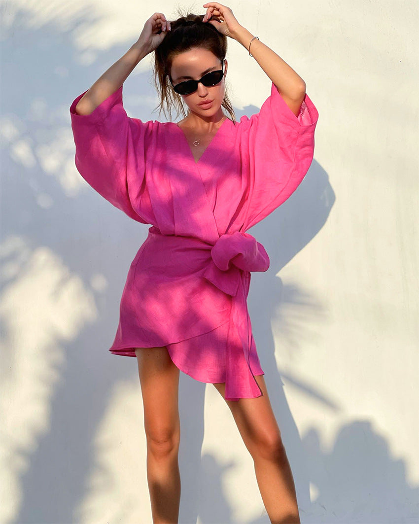 Designed Cotton Linen Irregular Mini Dresses