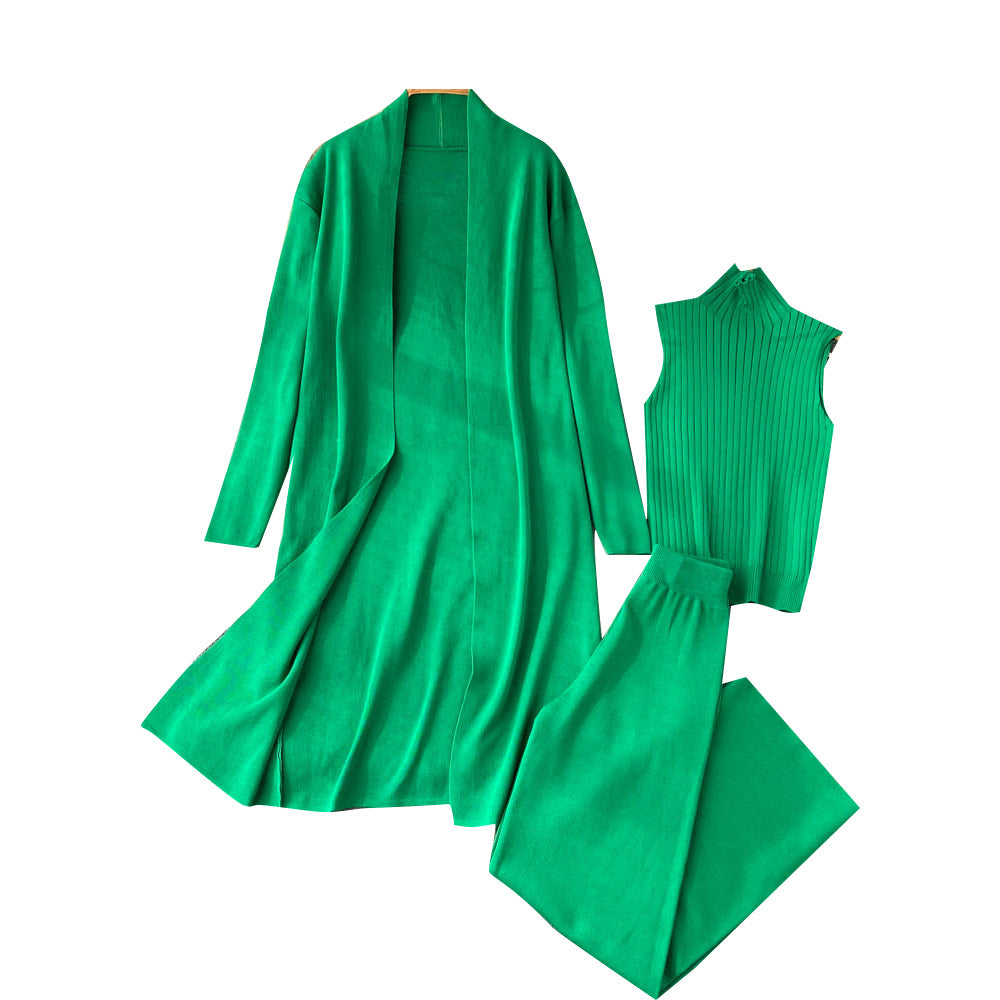 Fashion Fall Knitted 3pcs Cardigan High Neck Sweater Wide Legs Pants