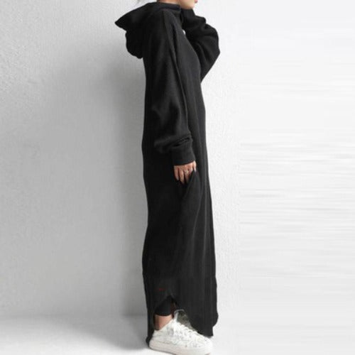 Women Casual Zipper Fall Long Hoodies Dresses-Cozy Dresses-Black-One Size-Free Shipping at meselling99