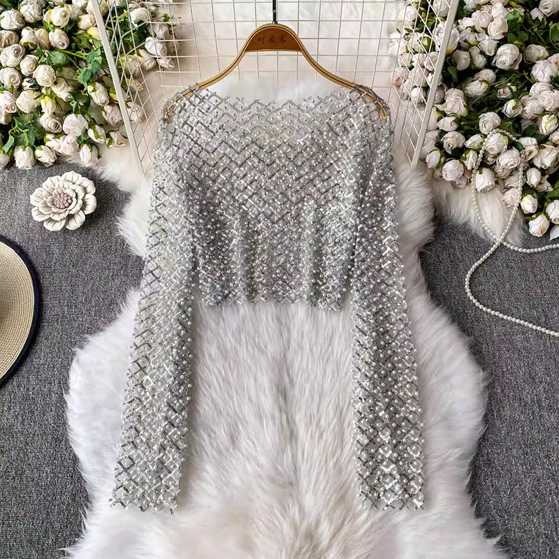 Sequin Beaded Round Neck Long Sleeve Cropped Top