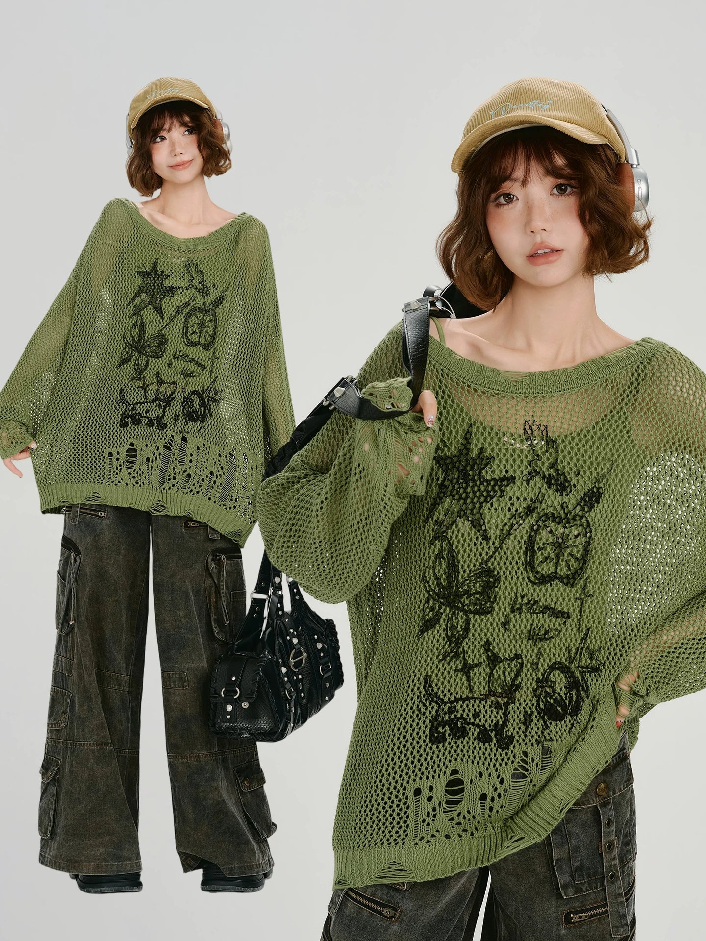 Girlyhalo Retro Y2K Printed Hollow-Out Knit Top