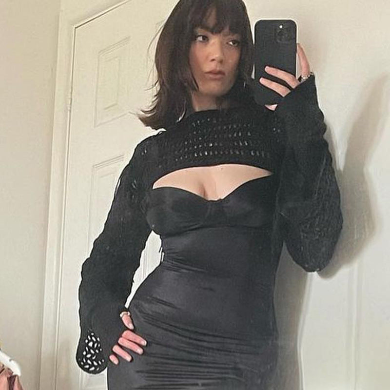 Trendy Hollow-Out Knit Crop Top – Stylish Short Sleeve Mesh Bolero for Streetweat