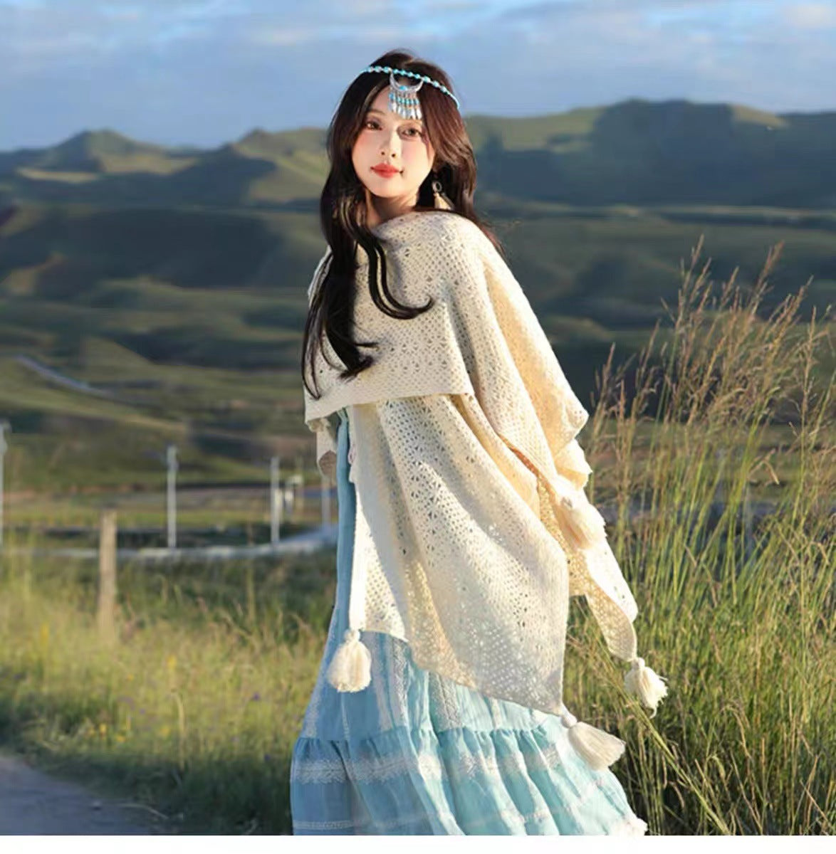 Boho Chic Knit Fringe Shawl – Ethnic Travel Wrap with Slit for Women