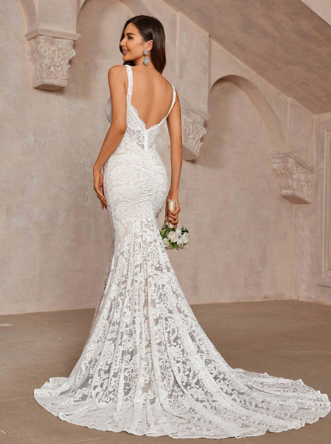 Sexy Deep V Sleeveless Mermaid Lace Wedding Dress