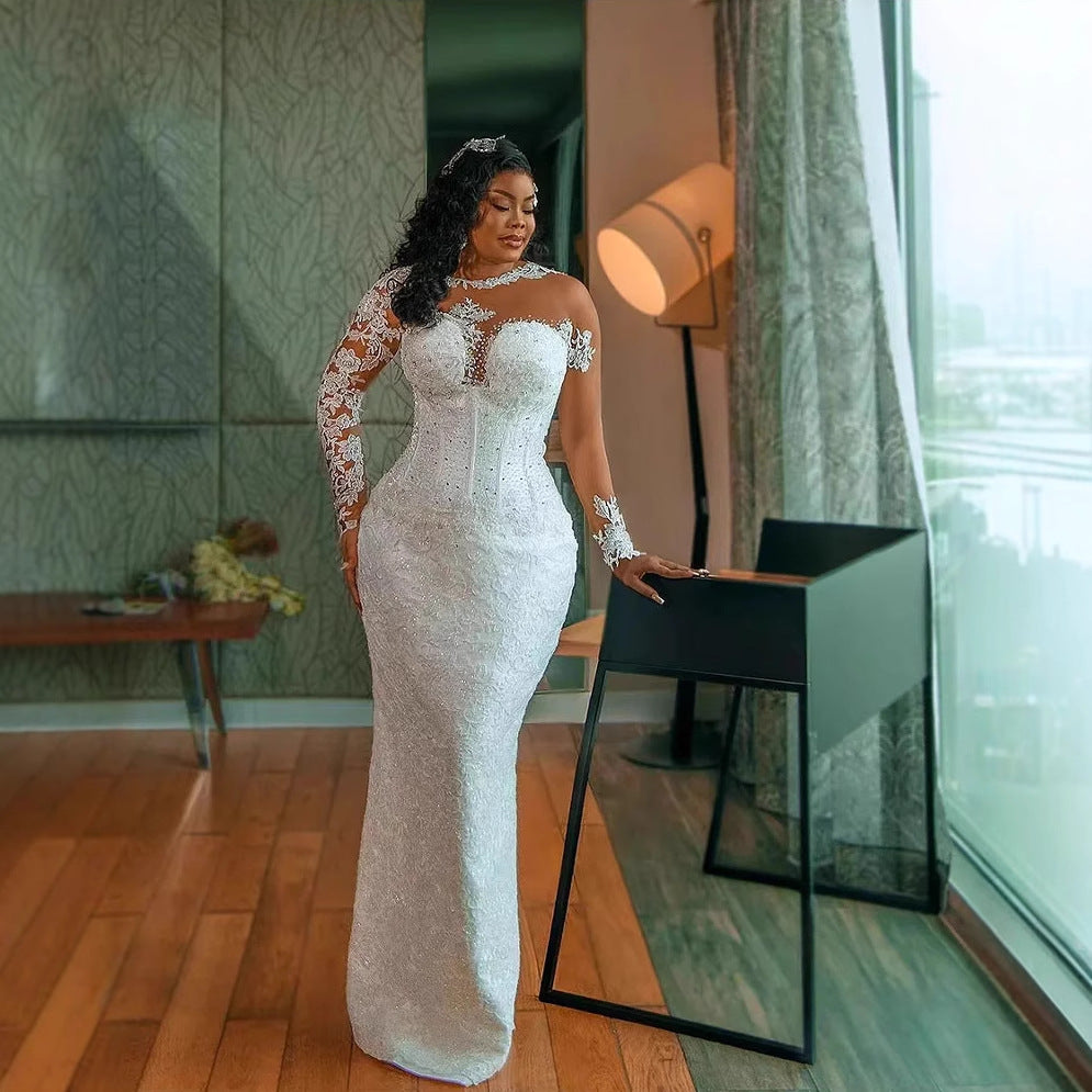 Plus Size Mermaid Wedding Dress with Long Sleeves and Train