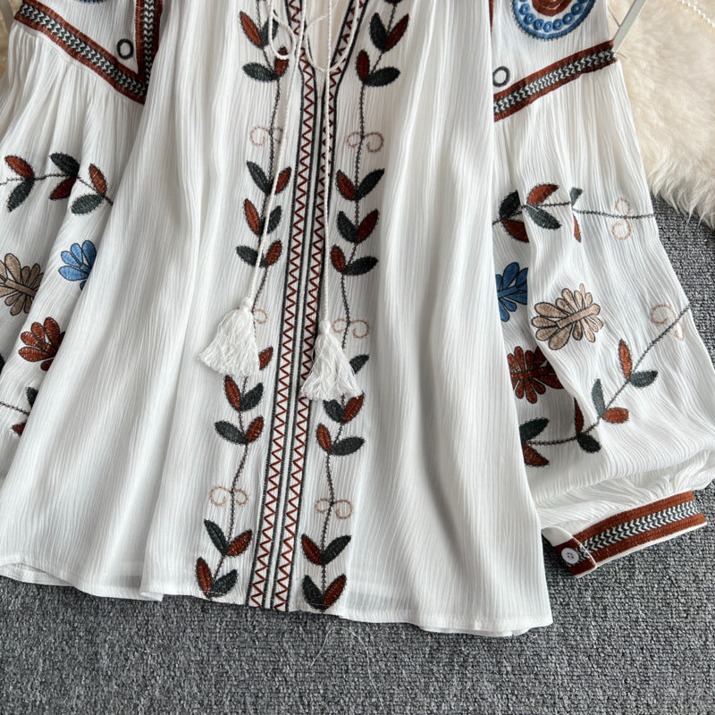 Ethnic Embroidered Tie-Neck Blouse-White-one size-Free Shipping Leatheretro
