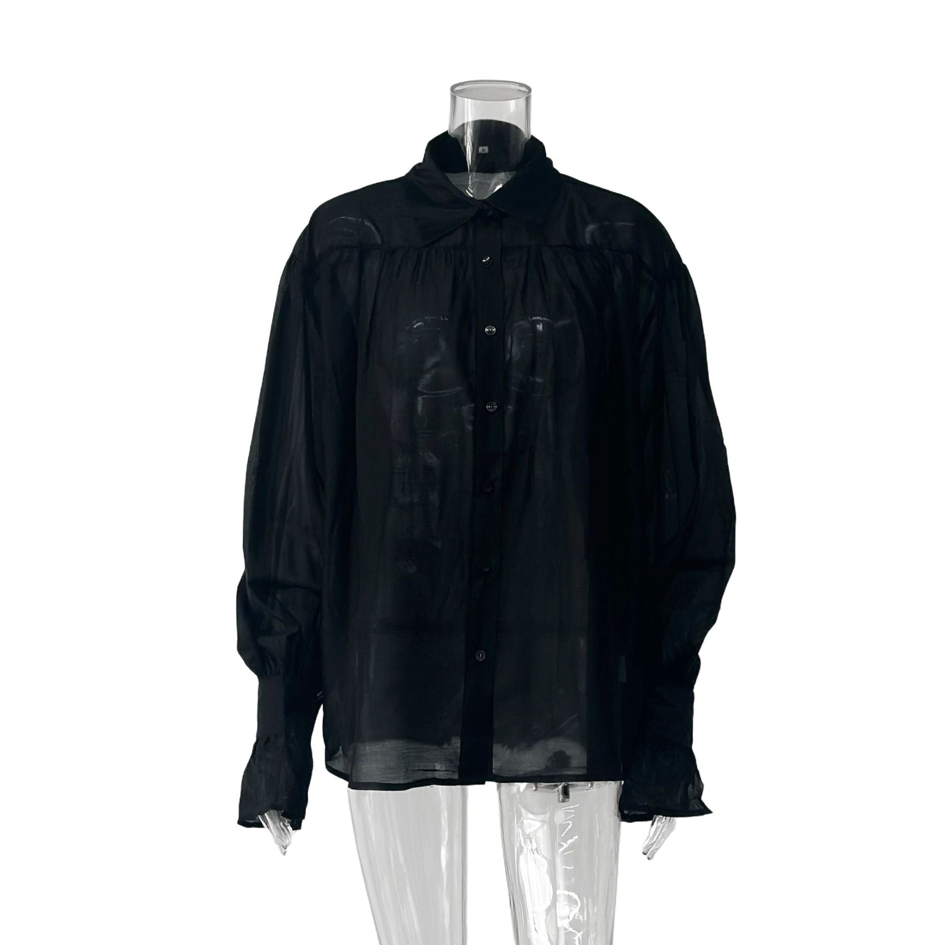 Women's Sheer Sexy Solid Color Blouse Shirts-Black-S-Free Shipping Leatheretro