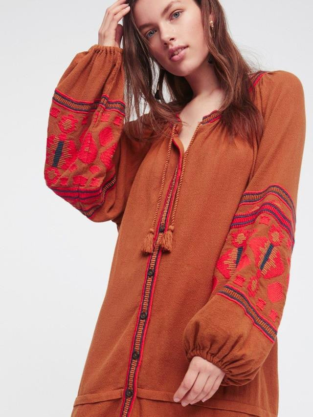 Bohemian Ethnic Embroidered Loose Front Button Dress
