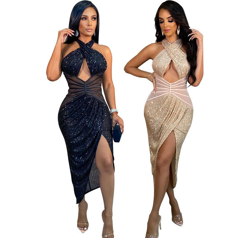 Sexy Sequined Halter Split Front Women Party Dresses-Dresses-Free Shipping at meselling99