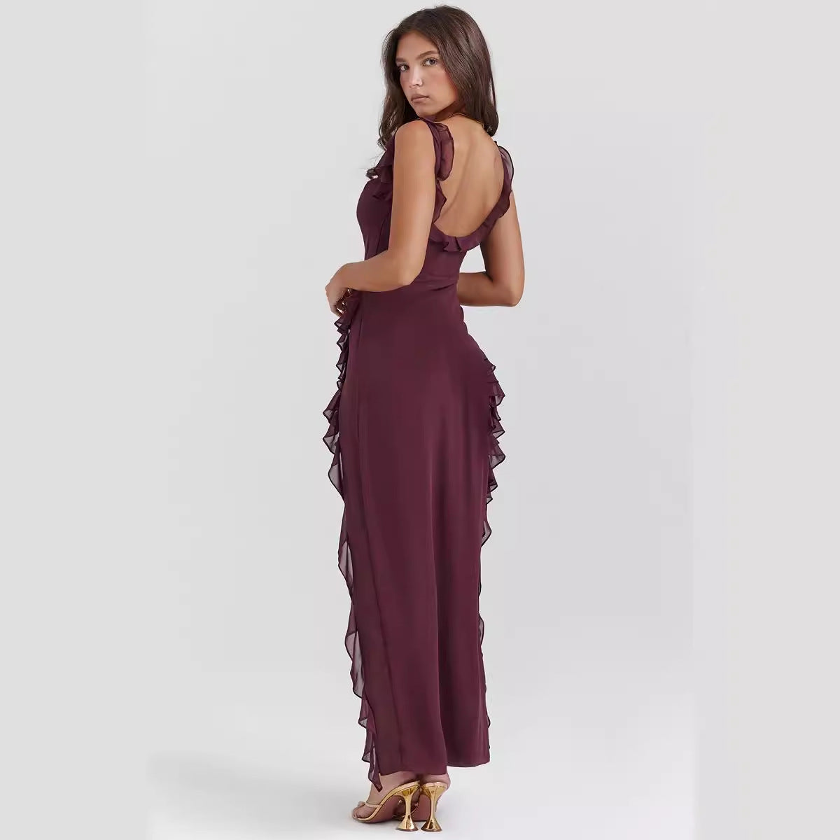 Strappy Ruffle Detail High-Slit Long Dress