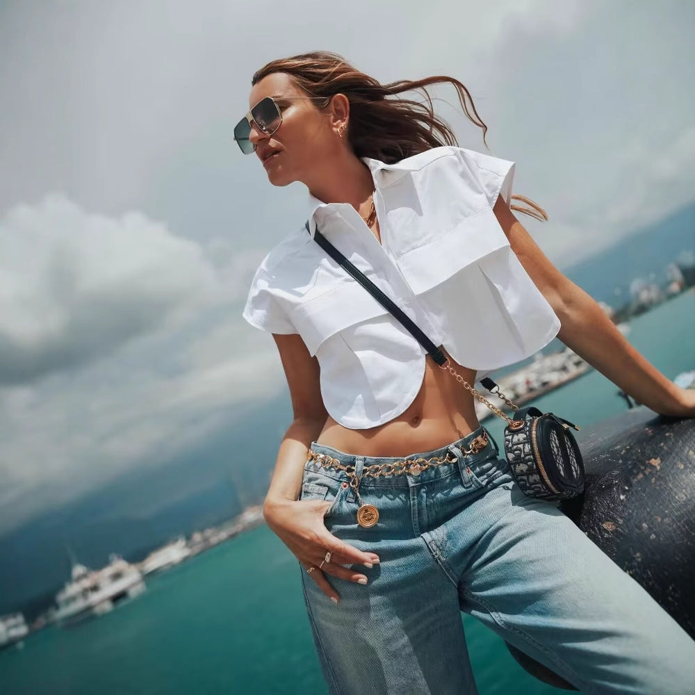 Women's Solid Color Oversized Pocket Sleeveless Polo Collar Denim Shirt Top