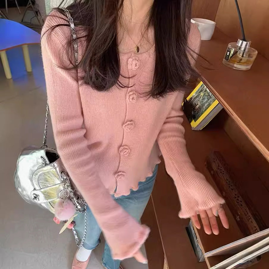 Floral Embroidery Button-Up Knit Cardigan