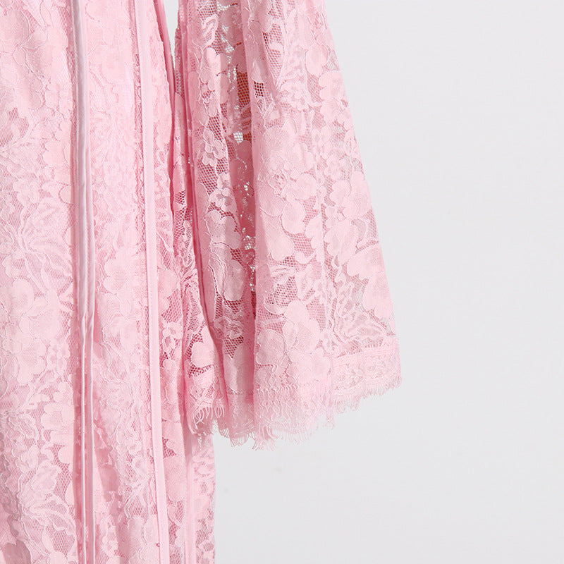 Retro Elegant Summer Lace Embroidered High-Waist Pleated Dress