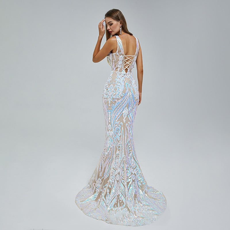 Sexy V Neck Sequined Sleeveless Evening Dresses