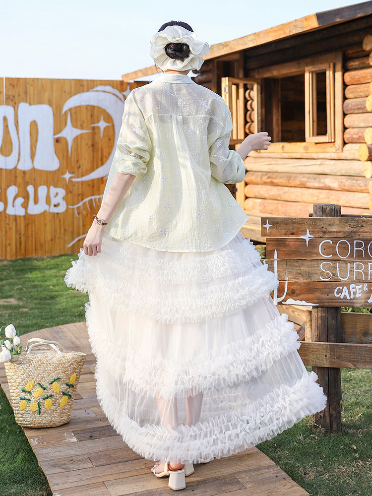 Layered Tulle Skirt - High Waist Ruffled Lace Trim Semi-Formal Skirt