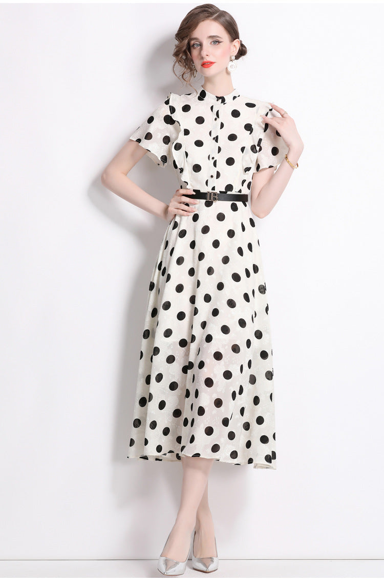 Elegant Polk Dot Short Sleeves Midi Length Dresses