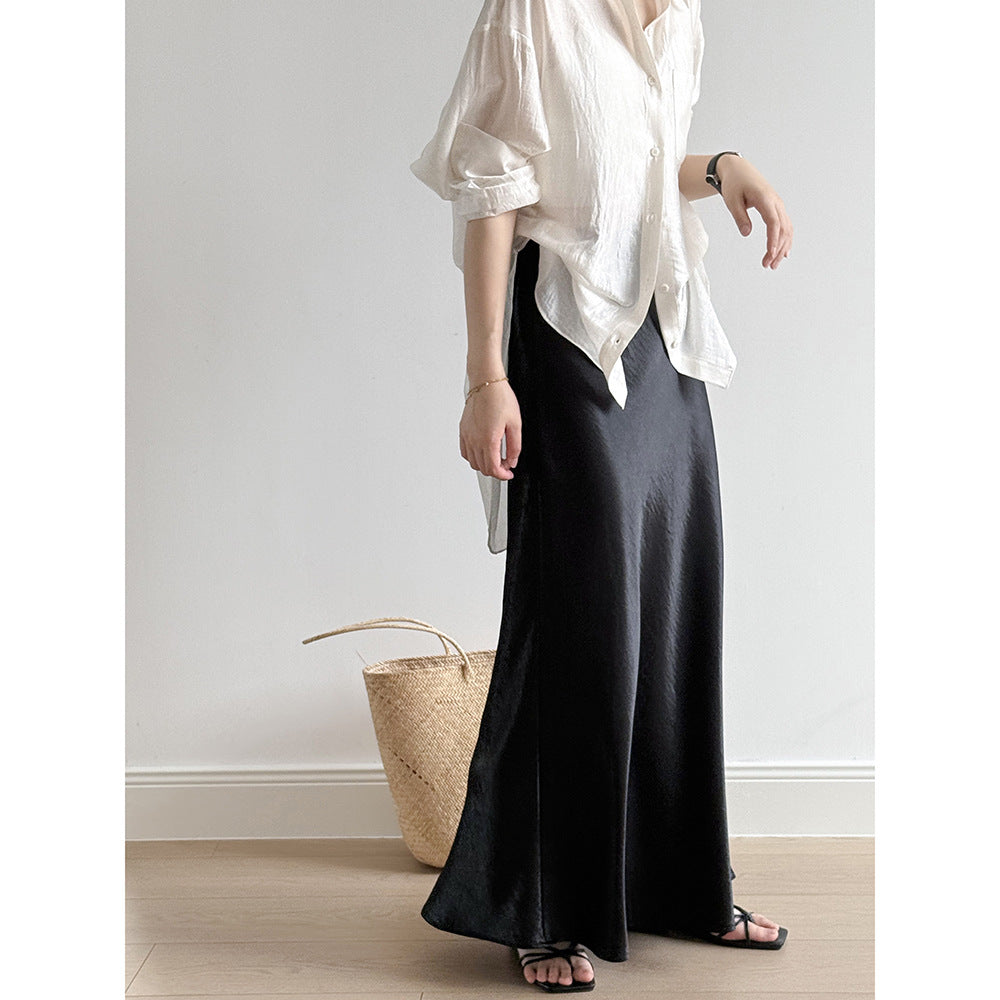 uxury Satin Midi Skirt – High Waist Bodycon Fishtail Skirt with Textured Detail-White-M-Free Shipping Leatheretro