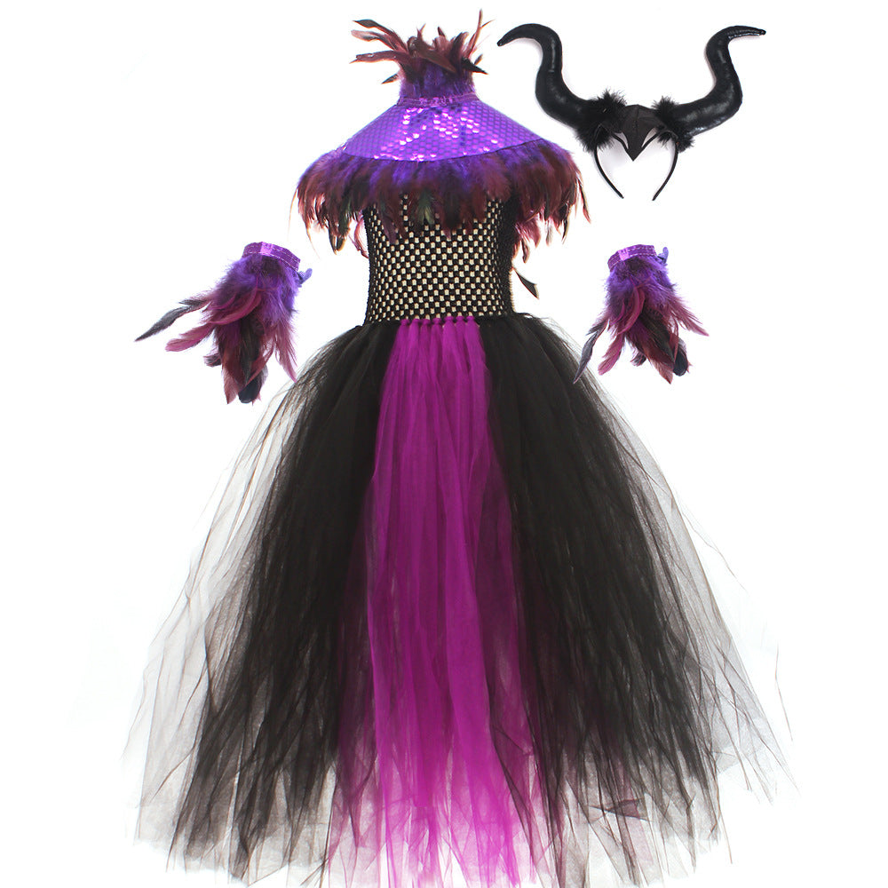 Halloween Glitter Feather Collar Witch Long Dress