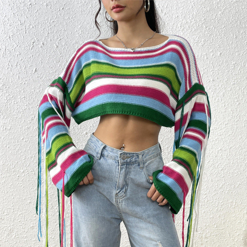 Sexy Rainbow Striped Tassels Short Knitted Blouses