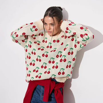 Sweet Cherry Print Sweater - Loose Knit Oversized Pullover