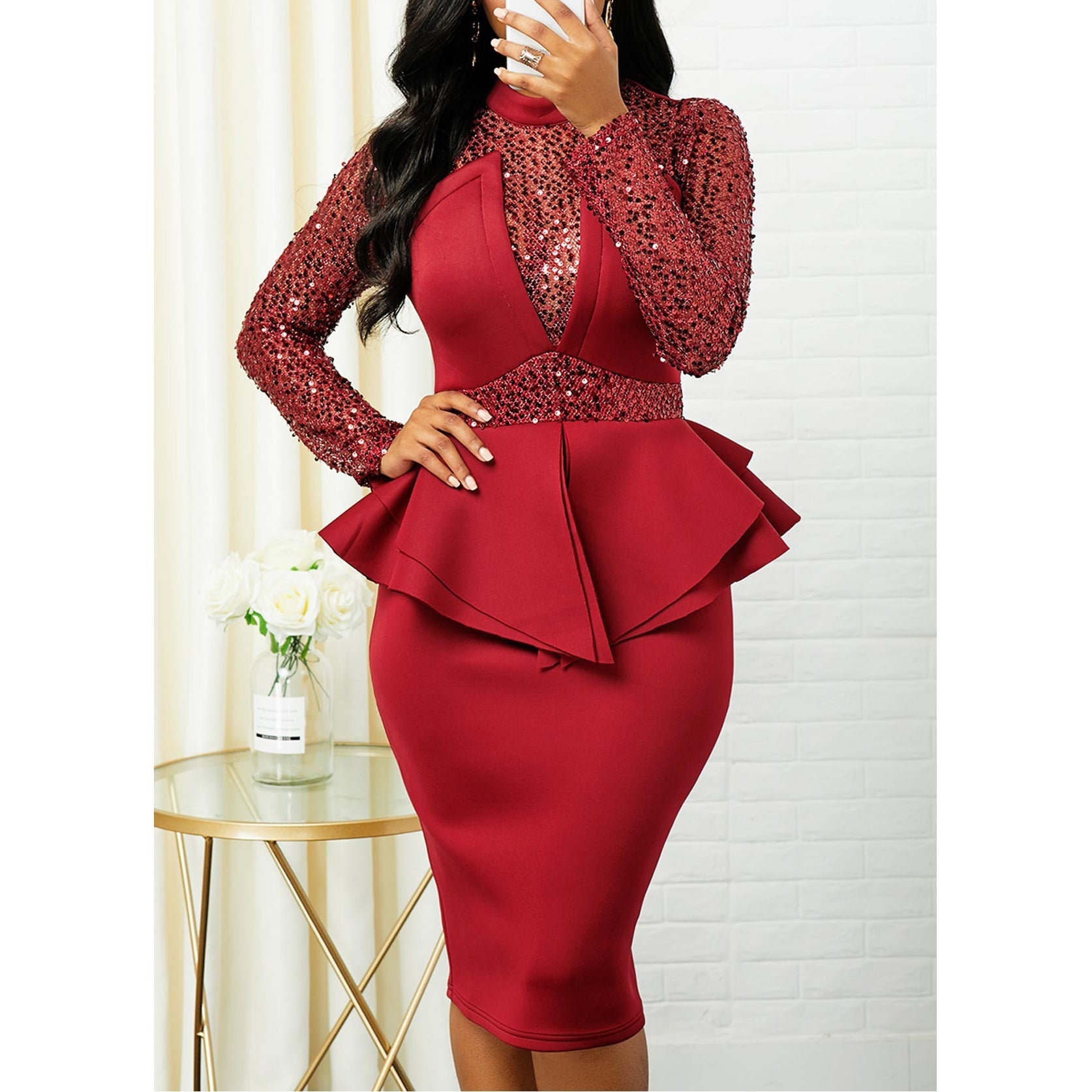 Sexy Bling High Waist Ruffled Office Lady Plus Sizes Party Dresses-Dresses-Red-S-Free Shipping at meselling99