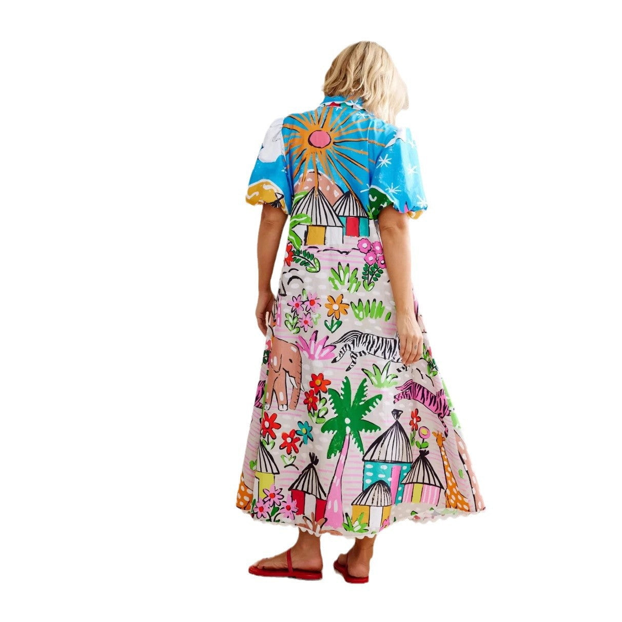 Linen Casual Print Shirt Collar Button-Down Dress