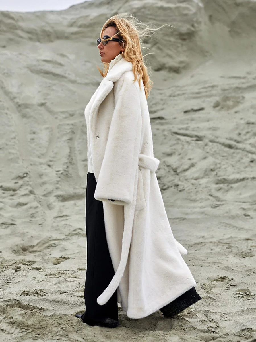 Women's Long Plush Fur Coat with Belted Waist & Notched Lapel
