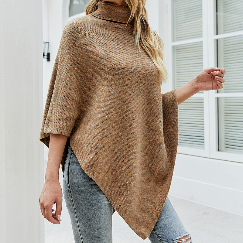 High-Neck Cape Sweater – Solid Color Knit Poncho Cross-Border Pullover