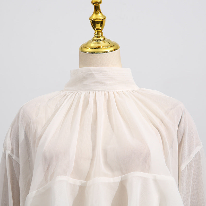 Women's Elegant Mesh Ruffle Long Sleeve Blouse