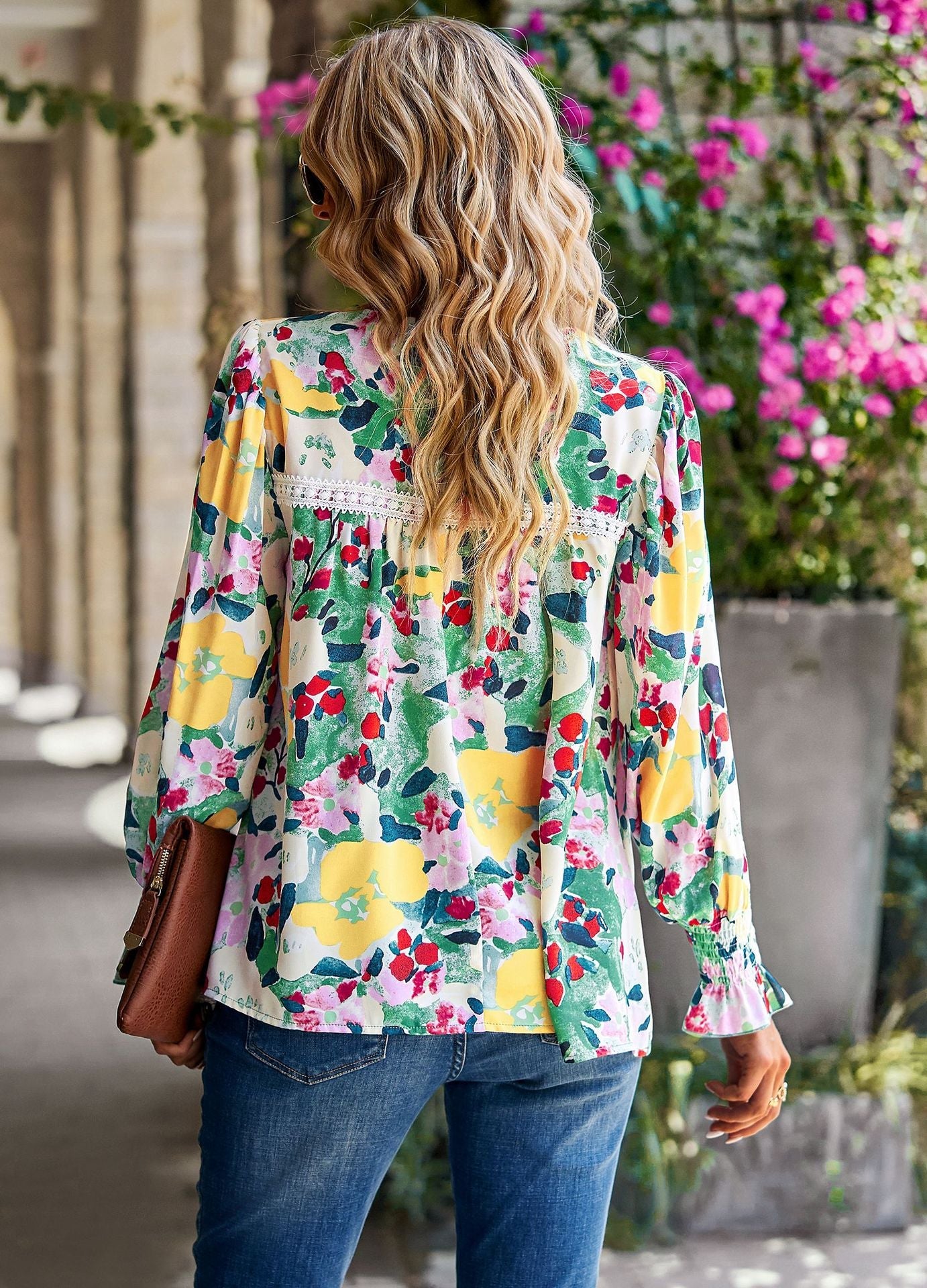 Elegant Floral Print Long Sleeves Blouses