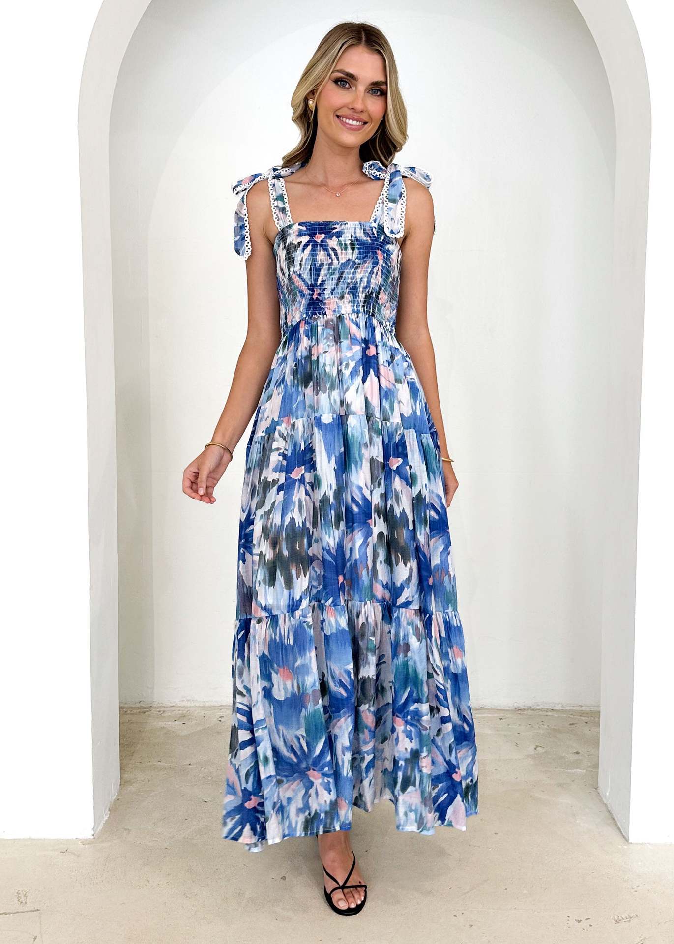 Floral Print Maxi Dress with Smocked Waist & Adjustable Spaghetti Straps
