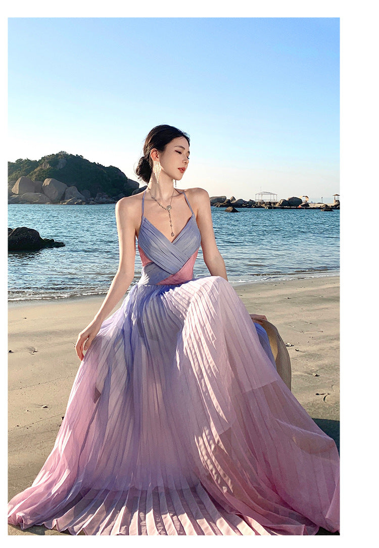 Bohemian Gradient Pink Purple Ruffle Backless Maxi Dress