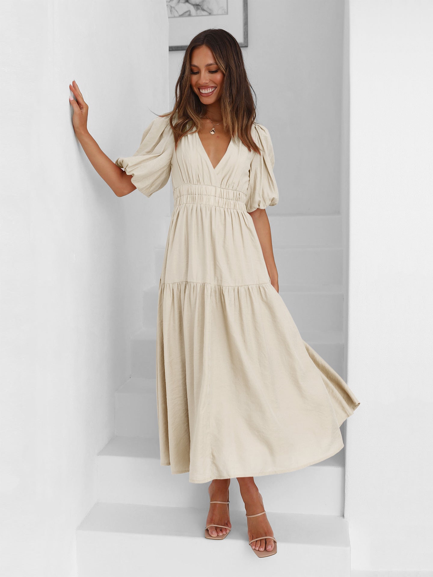 Chic Deep V Puff Sleeve Vacation Dress