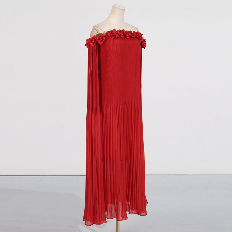 Elegant Off-Shoulder Long Dress with 3D Floral Appliques