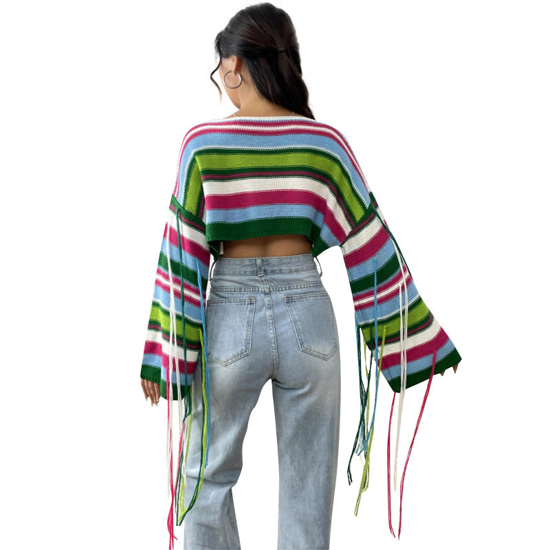 Sexy Rainbow Striped Tassels Short Knitted Blouses