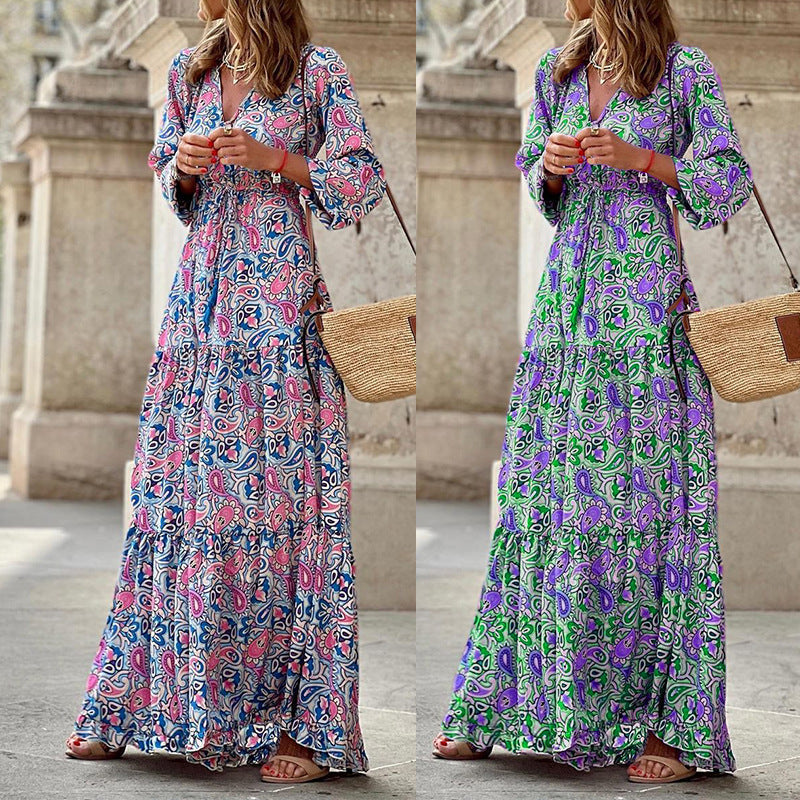 Bohemian V-Neck Long Sleeve Midi Dress – Fall Fashion Dress