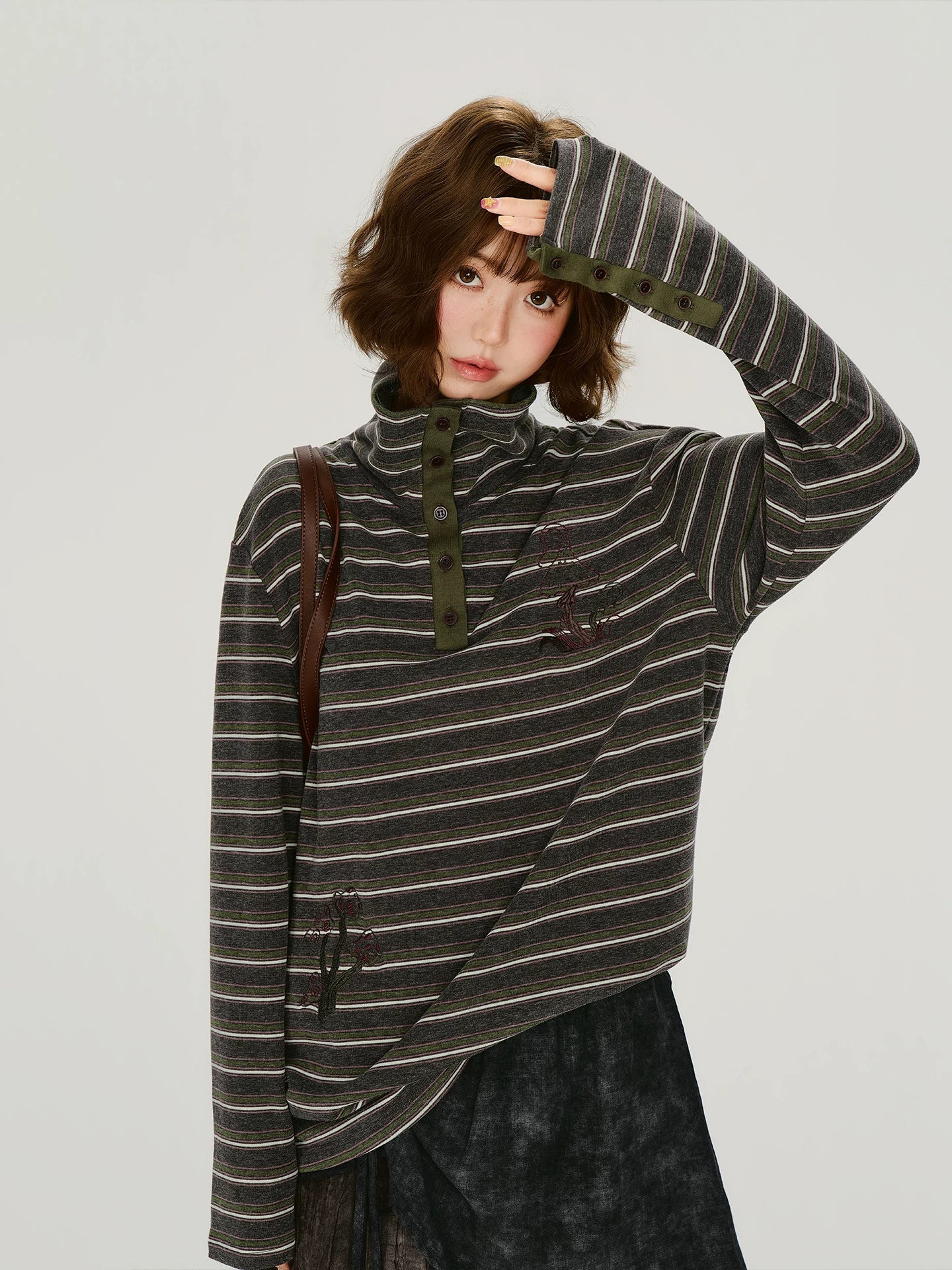 Girlyhalo Vintage High Neck Striped Long Sleeve Tee