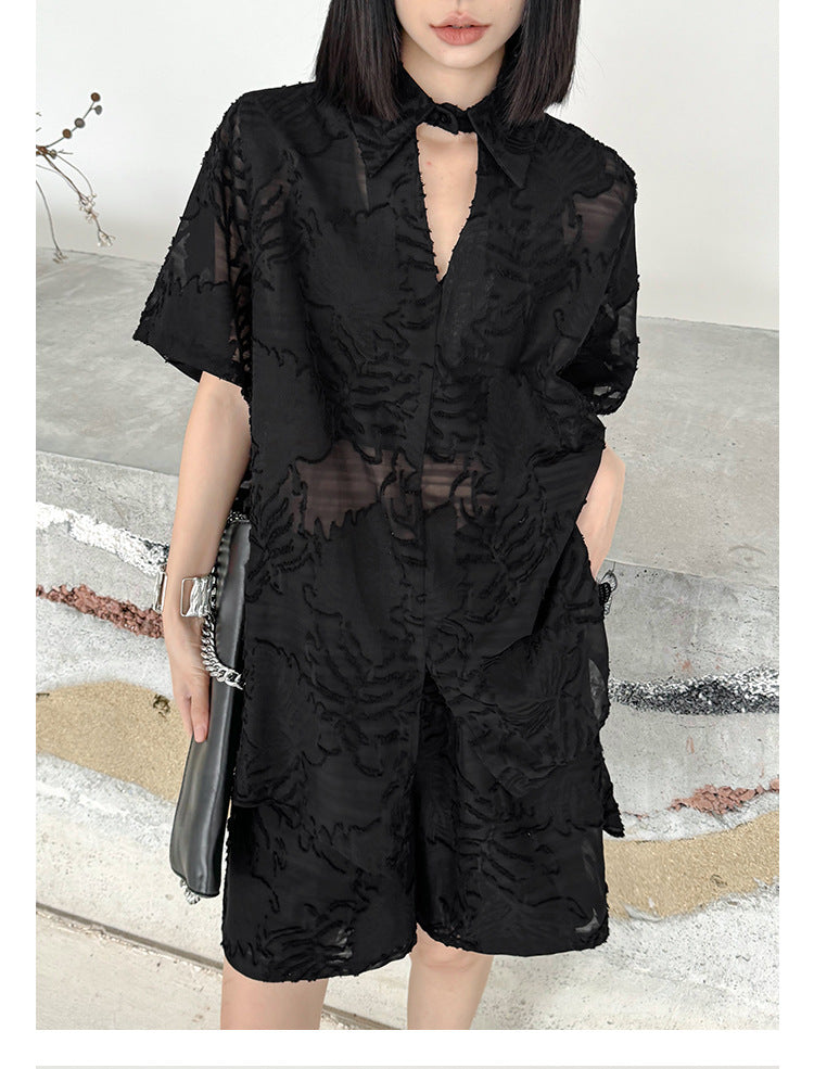 Women's Unique Jacquard Casual Cotton Set – Oversized Bat Sleeve Top + Elastic Waist Shorts