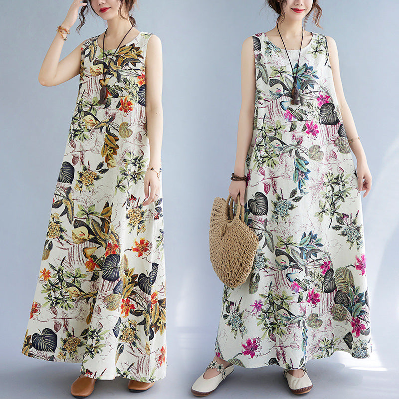 Vintage Linen Sleeveless Vest Women Long Dresses-Dresses-Free Shipping at meselling99