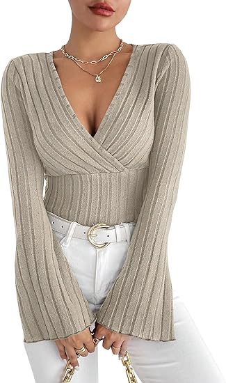 Fashion V Neck Knitted Long Sleeves T Shirts