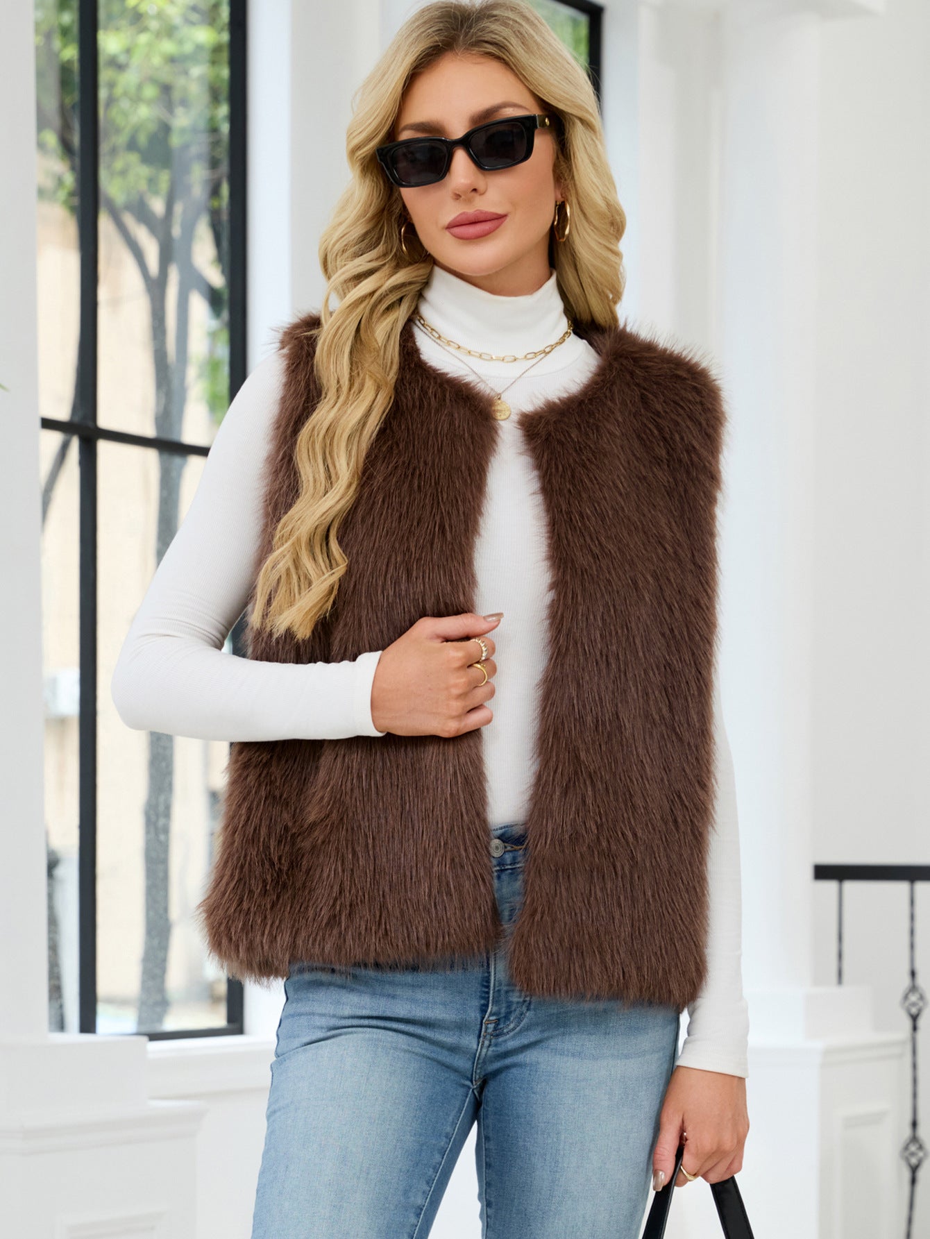 Faux Fur V-Neck Vest Sleeveless Top