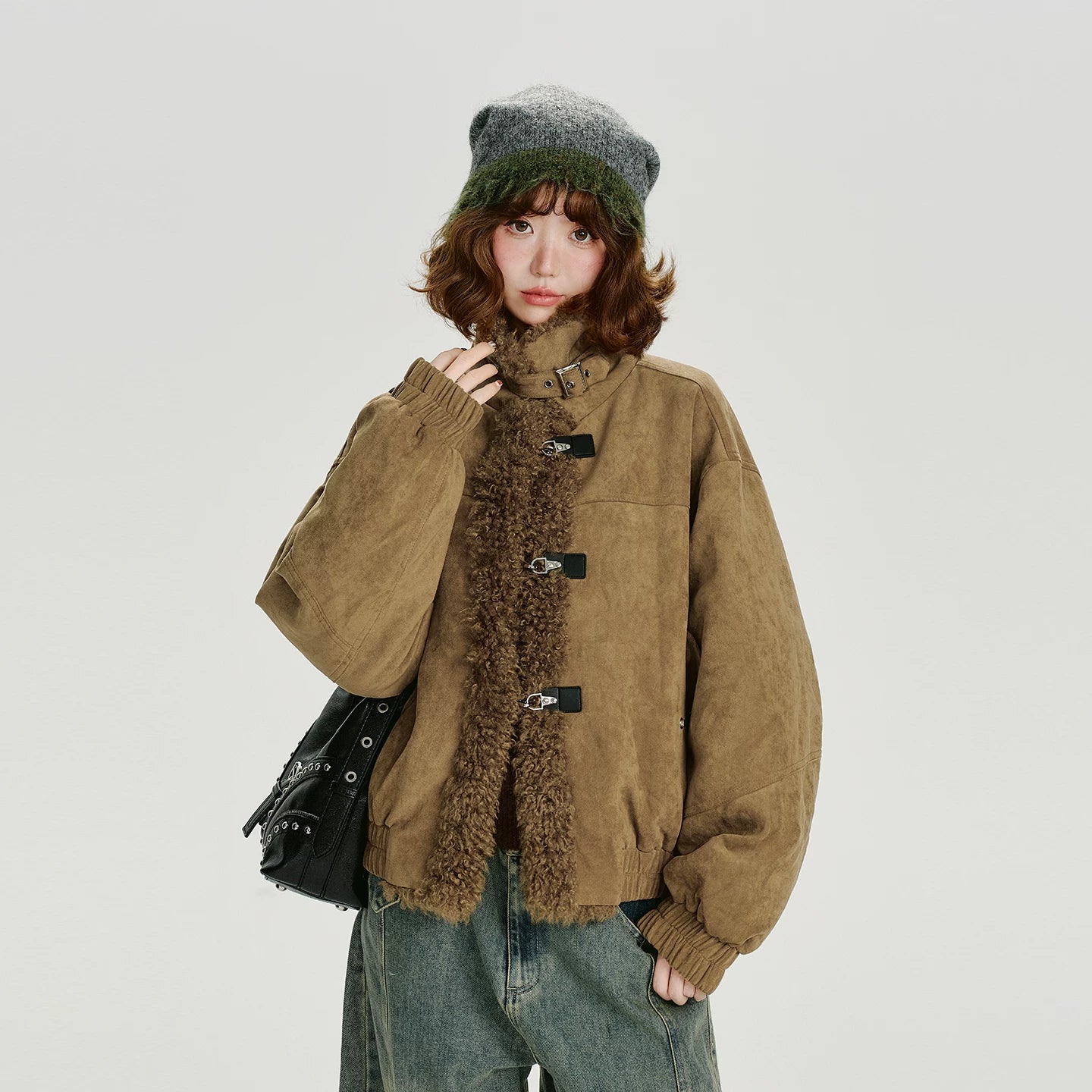 Girlyhalo Vintage Suede & Faux Shearling Patchwork Winter Coat