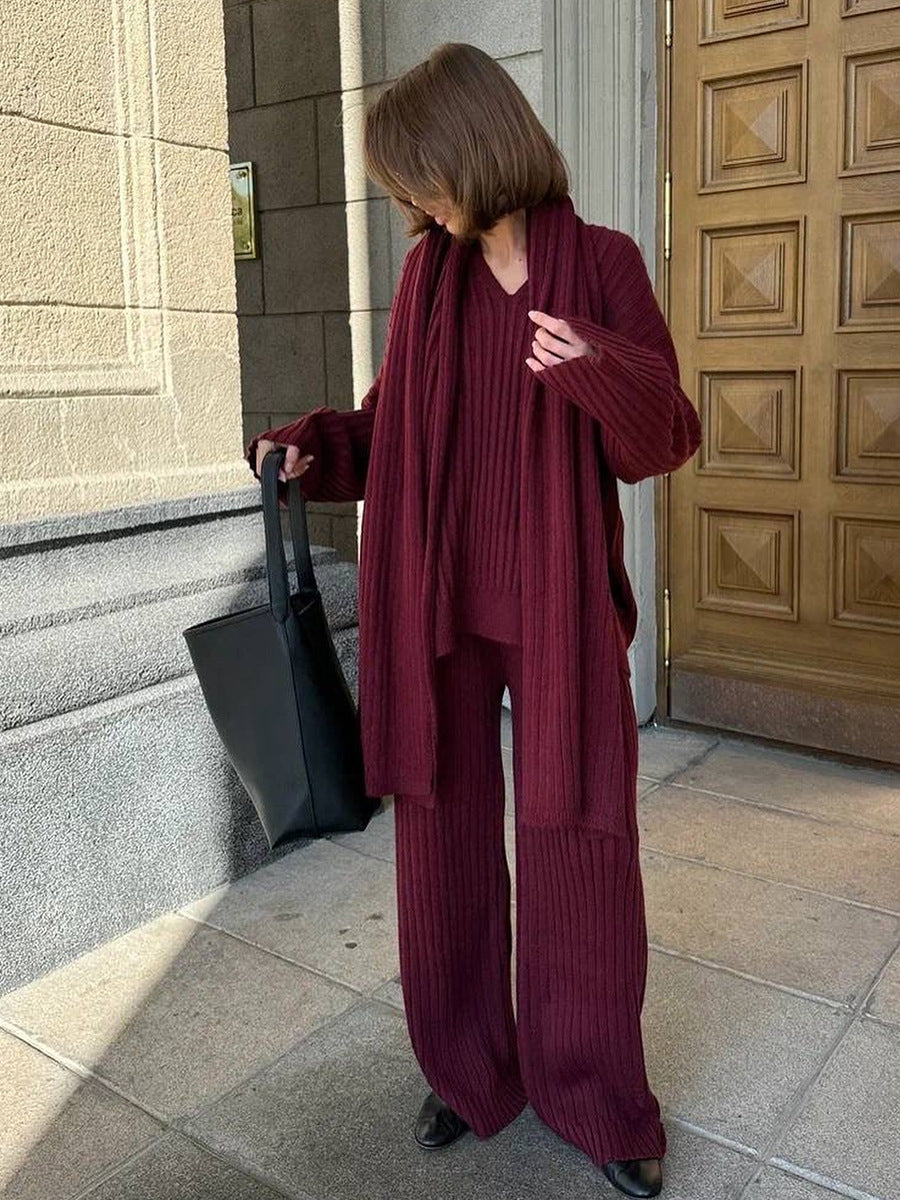 Women's V-Neck Ribbed Knit Sweater Set