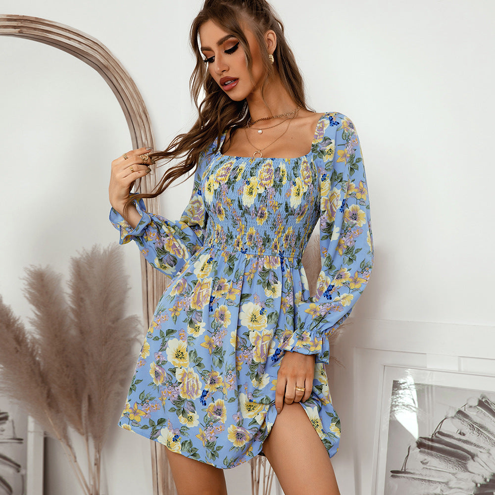 Sexy Square Neckline Floral Design Women Mini Dresses