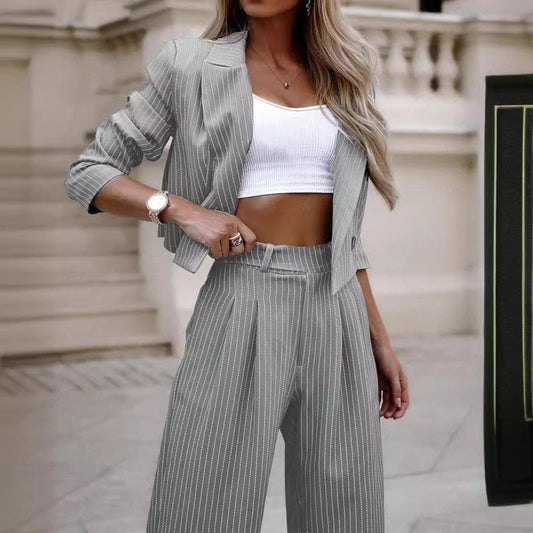 Fashion Striped Short Coats & Pants Women Suits