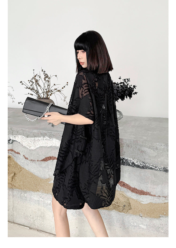 Women's Unique Jacquard Casual Cotton Set – Oversized Bat Sleeve Top + Elastic Waist Shorts