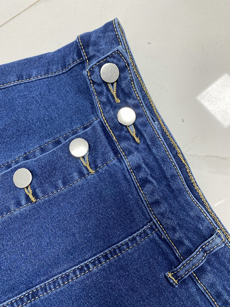 High Waist Asymmetrical Button-Down Denim Pencil Skirt