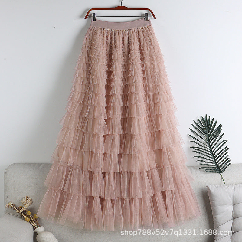 A-Line Mid-Length Tulle Skirt with Layered Mesh Insert